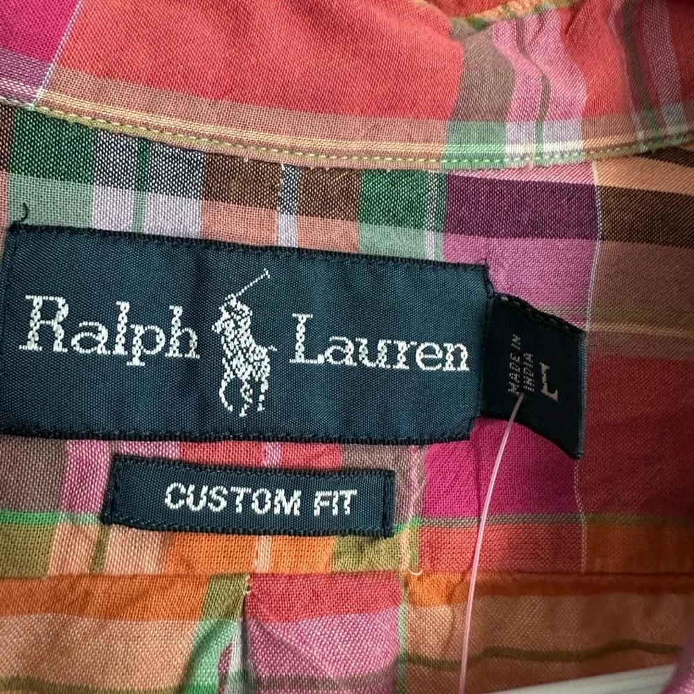 Ralph Lauren Men's Custom Fit L/S Button Shirt Orange/Pink/Green Plaid • Large - Picture 3 of 4